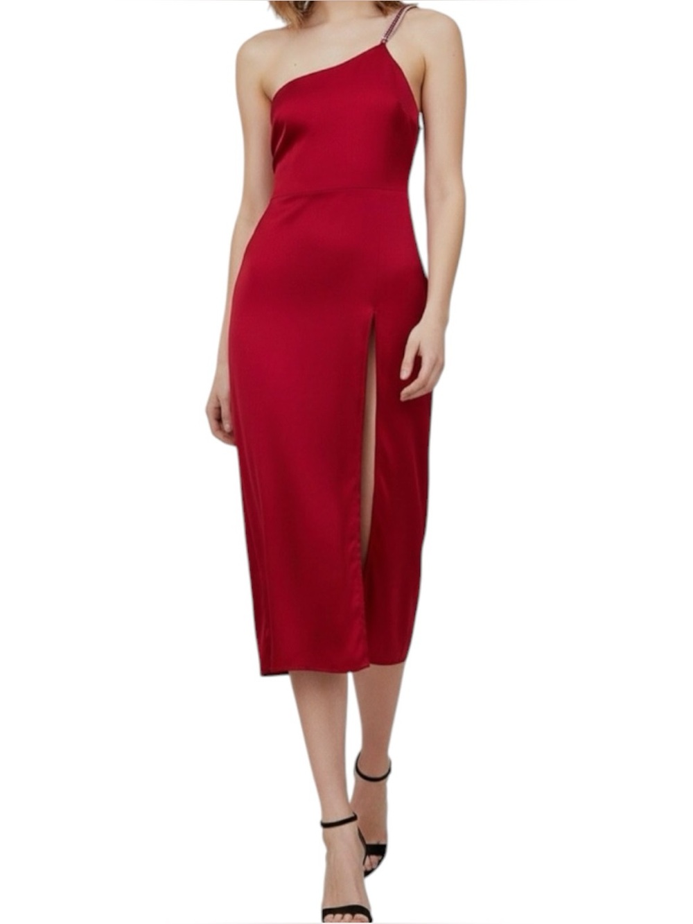 For Love & Lemons One-Shoulder Crimson Midi Dress with Thigh Slit
